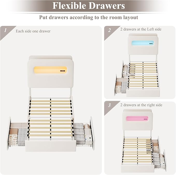 HOSTACK Twin LED Bed Frame with Storage Headboard and Charging Station, Kids Bed Frame with 2 Drawers and USB Ports, Velvet Upholstered Platform Bed Frame with Bookcase, No Box Spring Needed, Cream