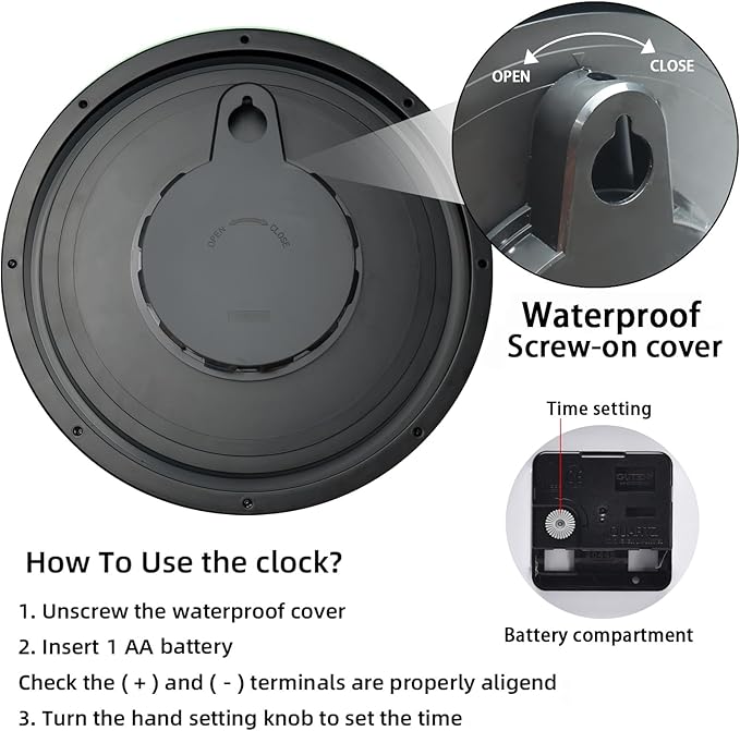 Caysie 12 Inch Sealed Indoor Outdoor Waterproof Wall Clock, Durable Silent Non-Ticking Battery Operated Quality Quartz Round Clock, Wall Decorative for Patio, Pool, Bathroom (Black)