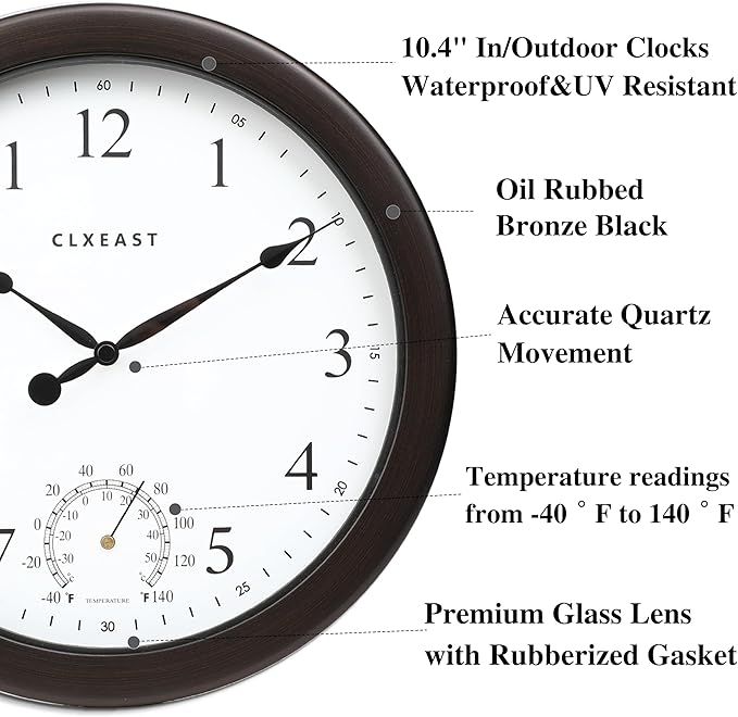CLXEAST 10.4 Inch Indoor Outdoor Clocks Waterproof,Outdoor Clock with Temperature for Bathroom,Patio, Pool,Kitchen,Oil Rubbed Bronze Black Finish,House Warming Gifts New Home