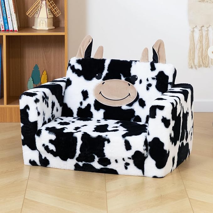 ALIMORDEN Fold Out Toddler Couch, Comfy 2-in-1 Cuddly Sherpa Bear Chair for Kids, Convertible Sofa to Lounger, Kids Cozy Corner Play Couch for Boys and Girls, Cow