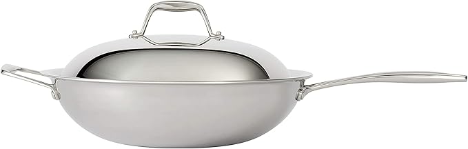 Tramontina Signature Tri-Ply Clad Stainless Steel 12.5-Inch Wok with lid, Induction-Ready, Dishwasher-Safe, NSF-Certified, Made in Brazil