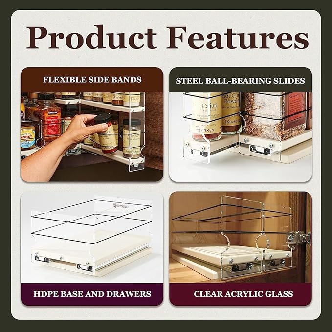 Vertical Spice Narrow Spice Rack -Sliding Spice Jars Organizer - Pantry Organizers & Storage - Slide Out Drawers for Kitchen Cabinets - Seasoning Caddy (2.3" W x 5.0" H x 10.6" D, Partially Assembled)