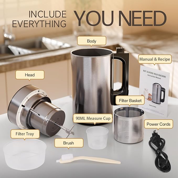 50oz Almond Milk Maker Machine (Built-in Filter) Make Plant Based Milk, Soup & Juice, 6-7 Cups Per Batch, 304 Stainless Steel, 5.3 lb, Automatic Cleaning, 8-IN-1 Nut Milk Maker for Soy & Oat (Silvery)