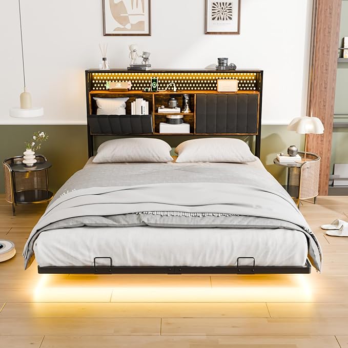 VINGLI Floating Bed Frame Queen with LED Lights and Charging Station,Sturdy Metal Platform Bed,Hidden Storage Velvet Upholstered Headboard,No Box Spring Needed,Easy Assembly