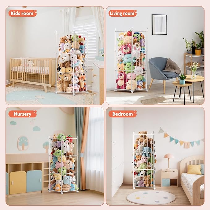 GoKEDA Stuffed Animal Storage,Extra Large Metal Stuffed Animals Storage Tower,Heavy Duty Stuffed Animal Holder with Elastic Plushies Storage Organizer for Nursery,Kids Room,Playroom (White)