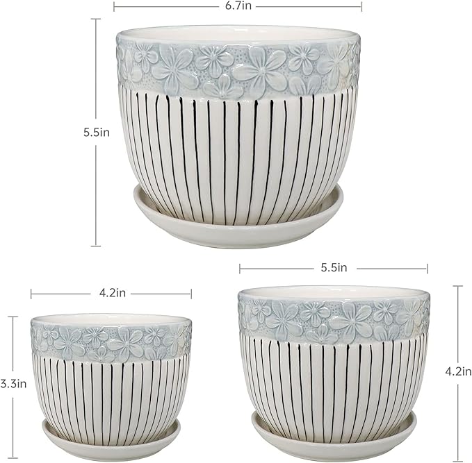 Ton Sin Grey Flower Pots,Texture Planter for Indoor Plants Set of 3 Ceramic Flower Pots with Saucer,Cute Garden Pots Succulent Pots(3 Pack,Grey