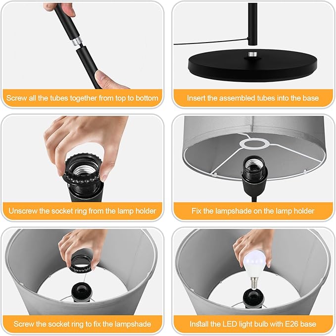 Floor Lamp Standing Lamp, Modern 58" Tall Lamp with Grey Lampshade, Simple Short Floor Lamp for Bedroom, Pedal Switch, Black Small Pole Lamps for Kid Room/Office/Reading Room(E26 Base, NO Bulb)