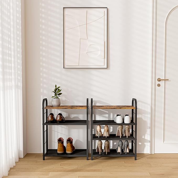 Shoe Rack, 4-Tier Shoe Organizer with Guardrails, Heavy-Duty Metal Mesh Shelves & Rustic Wooden Top for Stylish Closet & Front Door Storage