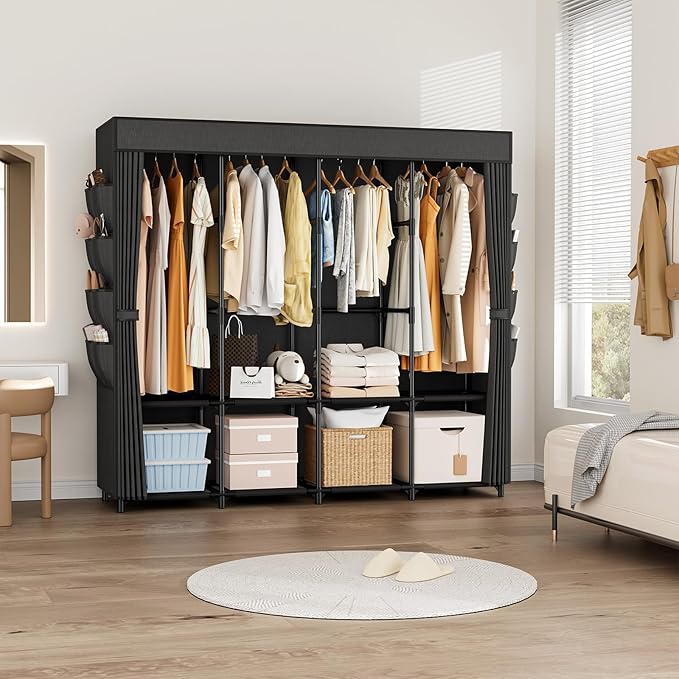 Portable Closet for Hanging Clothes, 67 Inch Wide Portable Wardrobe Closet with Cover, 4 Hanging Rod, Storage Shelves and Side Pockets, Large Free Standing Closet for Bedroom, Black