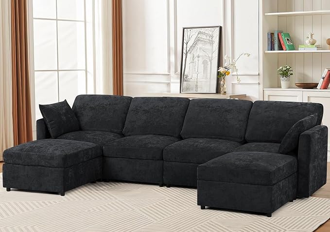 110” Chenille 4 Seats Sofa W/2 Movable Ottoman, Modern Fabric U Shaped Couch w/Soft Backrest, Upholstered Sectional Sofa w/Armrest Pillows for Living Room, Office, Black