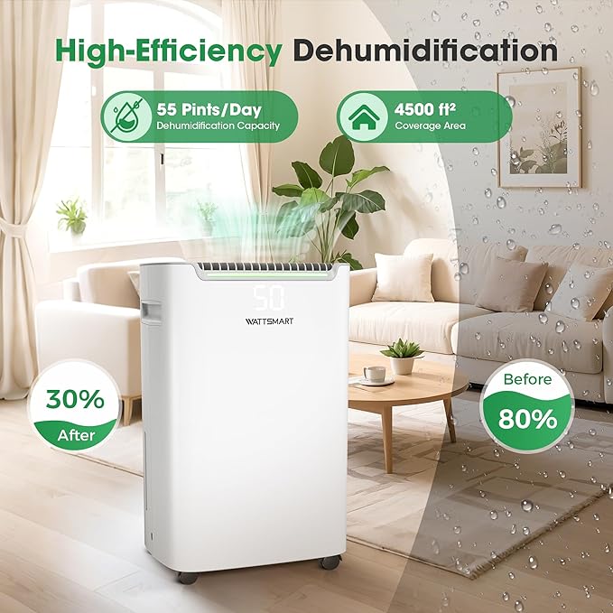Dehumidifiers for Home with Drain Hose,75 OZ Water Tank, 4500 Sq.Ft 55 Pints Dehumidifiers for Basement, Bathroom, Bedroom, Three Modes, Smart Humidity Control, Dry Clothes, 24H Timer, White