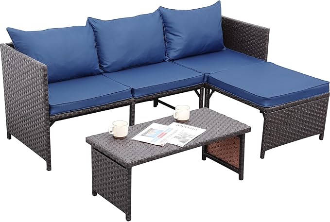 Valita Outdoor Furniture Set 3 Piece Patio Set Patio Conversation Sets Outdoor Sectional Sofa Patio Loveseat Coffee Table with Non-Slip Cushions, Navy Blue