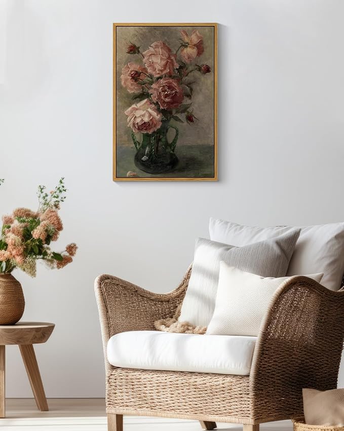 InSimSea Framed Wall Art for Living Room Flower Wall Art Home Decor Roses in Vase Vintage Paintings Large Canvas Prints Botanical Prints Mid Century Modern Decor Farmhouse Bedroom Wall Decor 16x24in