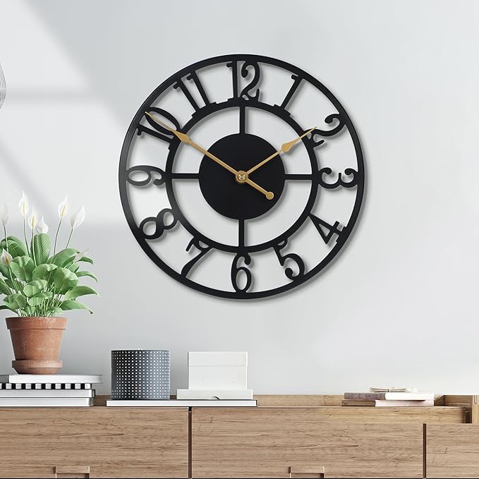 Wall Clock Battery Operated,Silent Non Ticking Modern Rustic Metal Small Clocks for Living Room/Bedroom/Office/Kitchen/Farmhouse Home Decor-10IN(Arabic Number-Black)