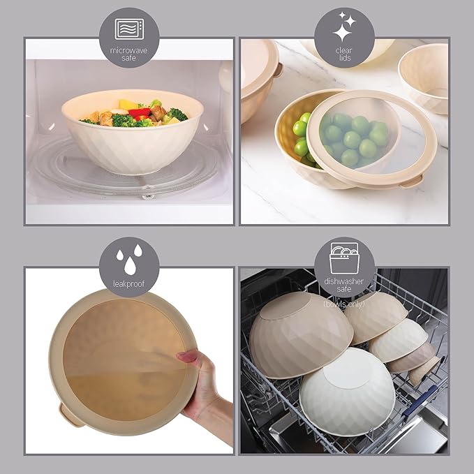 COOK WITH COLOR Mixing Bowls with Lids - 12 Piece Plastic Nesting Bowls Set includes 6 Prep Bowls and 6 Lids, Diamond Design - Microwave Safe