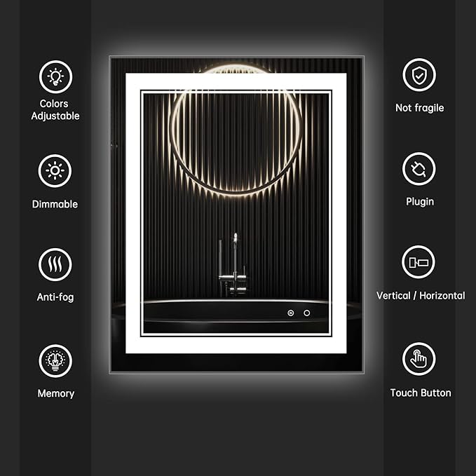 40X32 LED Bathroom Mirror with Lights,Anti-Fog,Dimmable,Lighted Bathroom Vanity Mirror for Wall, Memory Function, Waterproof, Tempered Glass