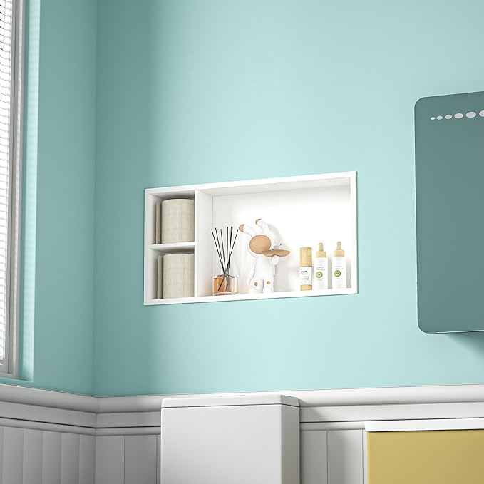 Stainless Steel Shower Niche 24" X 12" White No Tile Needed Horizontal Niche Shower with Shelf Recessed Wall Niches for Bathroom Storage