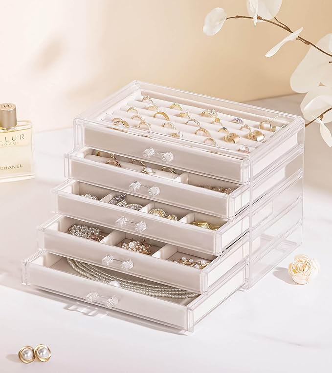 Homde Jewelry Box Acrylic for Home: Necklace Ring Organizer for Women in Vanity - Large Bracelet Earring Holder with Compartments