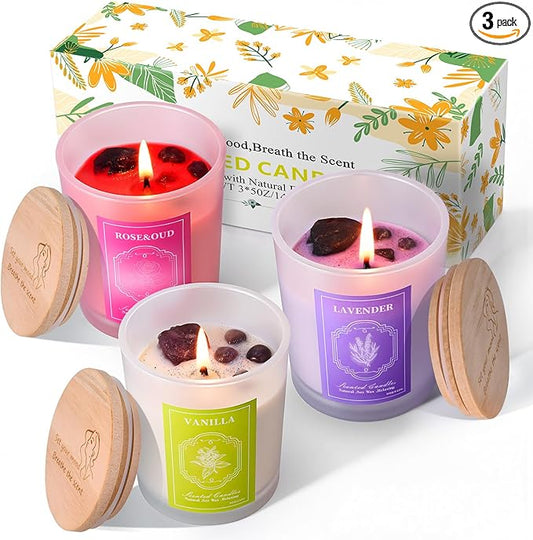 3 Soy Scented Candles for Women- 15OZ Candles for Home Scented with Crystals, Lavender/Vanilla/Rose Aromatherapy Candle Set for Bithday Gifts, Mother's Day, Anniversary, Christmas