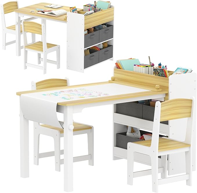 Qaba Kids Art Table & Easel Chair Set with Paper Roll, Toddler Desk and Chairs Set with Storage Shelves and Drawers, Activity Craft and Play Table for Writing Drawing Aged 3-8 Years Old, Natural Wood