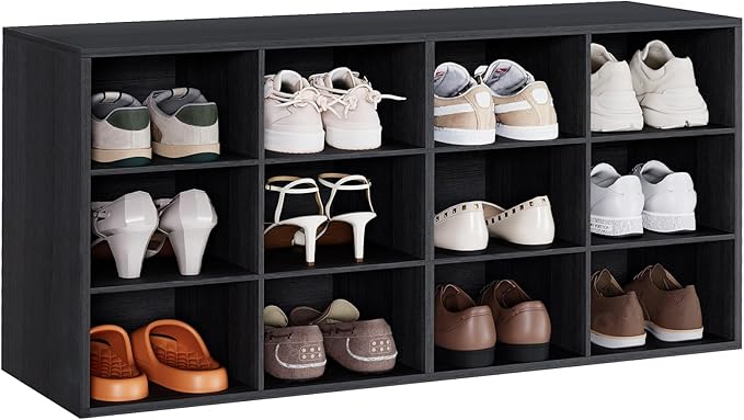 12-Cubby Shoe Rack, 3-Tier Wood Shoe Organizer, Multifunctional Shoe Organizer Bench for Entryway, Mudroom, Hallway, Closet,36.22 * 11.81 * 17.72 Inch,Black