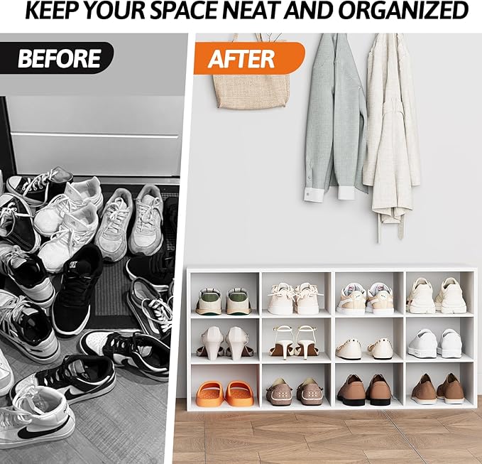 12-Cubby Shoe Rack, 3-Tier Wood Shoe Organizer, Multifunctional Shoe Organizer Bench for Entryway, Mudroom, Hallway, Closet,36.22 * 11.81 * 17.72 Inch,White