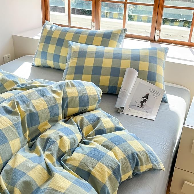 FACE TWO FACE Bedding Duvet Cover Set100% Washed Cotton Duvet Cover Linen Like Textured Breathable Durable Soft Comfy (Queen, Blue Yellow Grid)