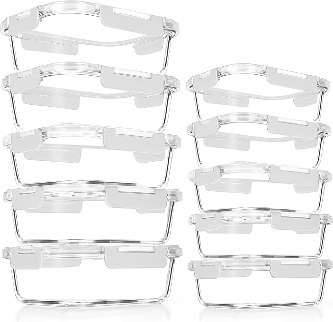 VERONES 10Pack Glass Meal Prep Containers, Airtight Glass Lunch Containers,Stackable Food Storage Containers Set with Lids,Exclusive of BPA, for Microwave,Oven, Freezer&Dishwasher Friendly,White