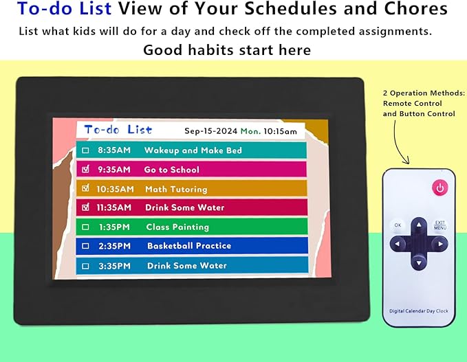 MASSII 2025 Digital Teaching Clock Talking Time, 24 Alarms Custom Reminders, Checklist to-Do List, Auto DST & Calendar Display, Sleep Trainer, Easy to Use for Kids Birthday Gift- Black with Remote