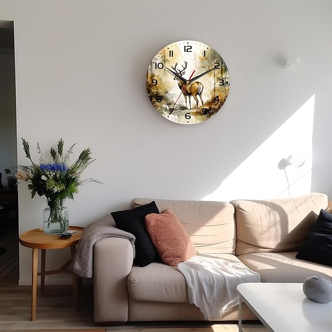 Wall Clock, 10 Inch Silent Non-Ticking Home Kitchen Decor, Battery Operated for Bathroom Bedroom Living Room Office(Forest Deer)