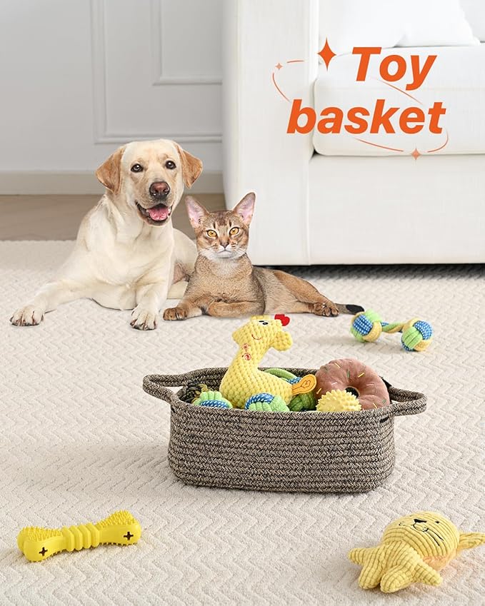 KALLAX Small Woven Basket, 12 x 8 x 4.5 Inches, Small Storage Baskets for Organizing, Gift Baskets Empty, Cute Rope Shelf Closet Storage Bins for Shelves, Dog Toy Basket, 3 Packs, Black & Brown Mixed