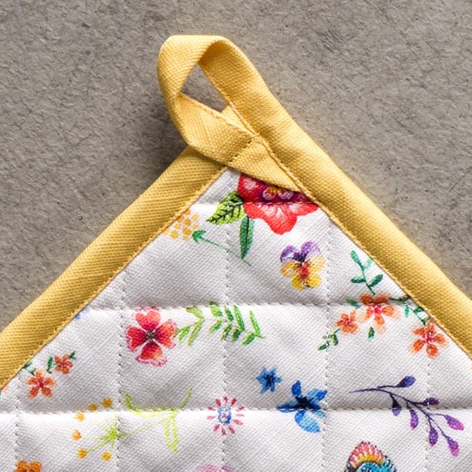 Maison d' Hermine 100% Cotton Oven Mitt & Pot Holder Set (7.5"x13" & 8"x8") Heat Resistant BBQ Cooking Gloves with Loop, Grilling, Kitchen, Handling Hot Pans Spring/Summer (Happy Florals - Sweety)