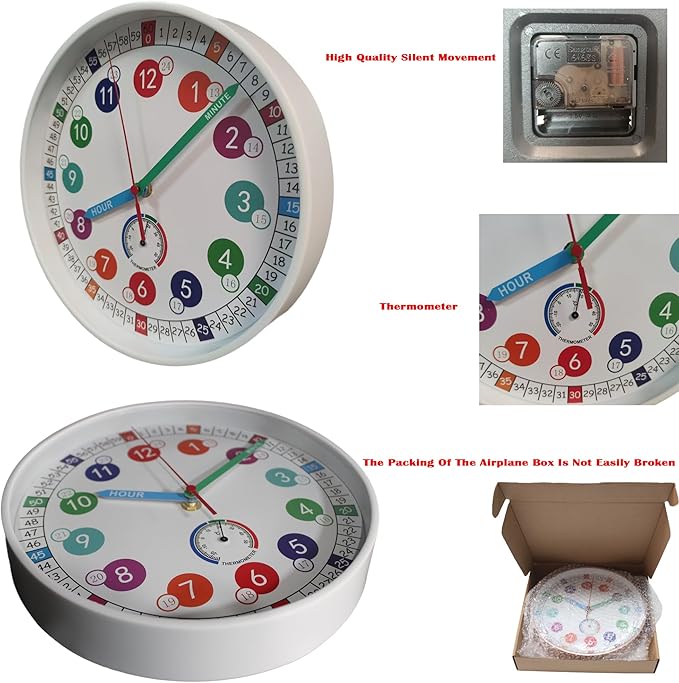 Wall Clocks,10Inch Learning Time Clock, Colorful Clock Face Silent Clocks with Simple Thermometer,Clear Digital Wall Clock (White)