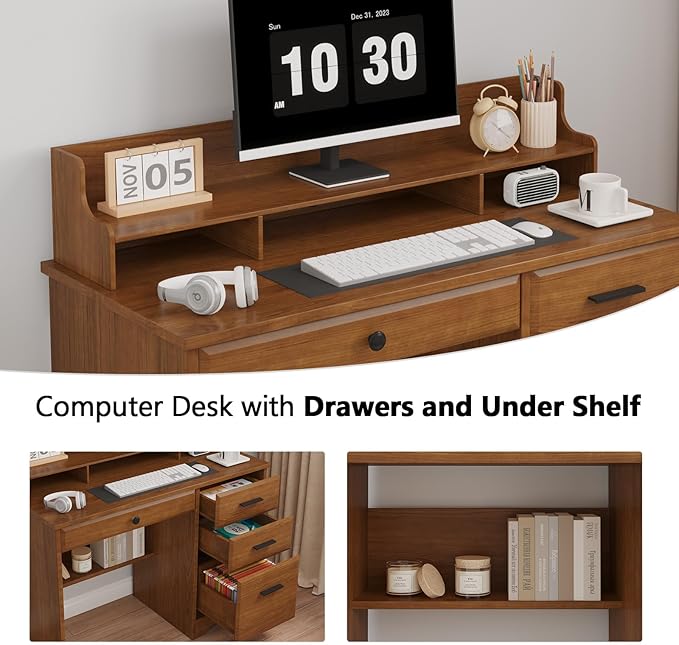 4 EVER WINNER Computer Desk with Drawers for Small Spaces, Home Office Desks with File Cabinet & Monitor Stand, Wood Desk Writing Study Table for Bedroom, Brown