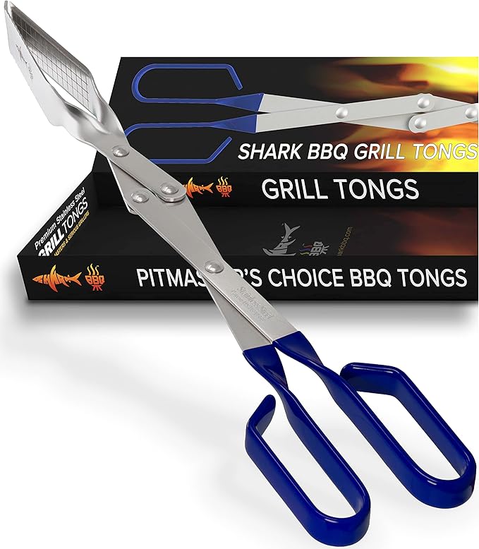 Shark BBQ Grill Tongs - 17 inch Blue. Professional kitchen and outdoor grilling utensil. Long reach Barbeque Grilling Tongs. Ideal for steak, fish, burger, and sausage