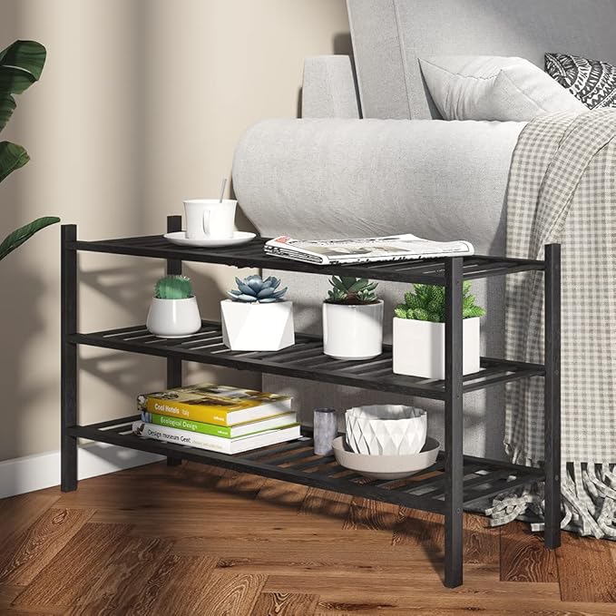 Long Shoe Rack, 3-Tier Bamboo Stackable Shoe Shelf Storage Organizer, Shoe Stand for Closet, Entryway and Hallway