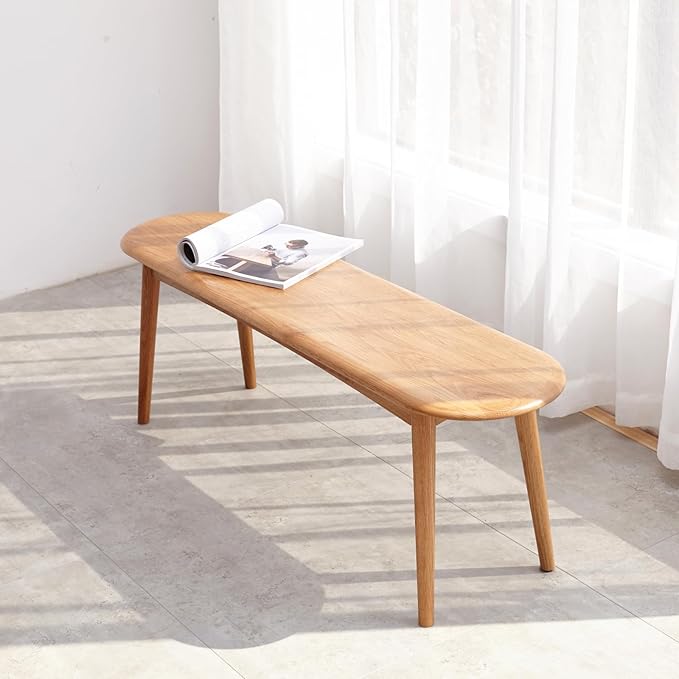 100% Solid Oak Dining Bench, Wood Bench for Bedroom End of Bed with Rounded Corners, Entryway Benches for Dining Room, Kitchen, Living Room (Natural Oak, 47.2")