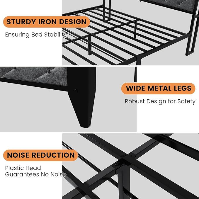 Winkalon Full Led Bed Frame with Headboard, Bed Frame with Charging Station, Metal Platform Bed Frame Full Size No Box Spring Needed, Modern Wood Upholstered Headboard and Under Bed Storage