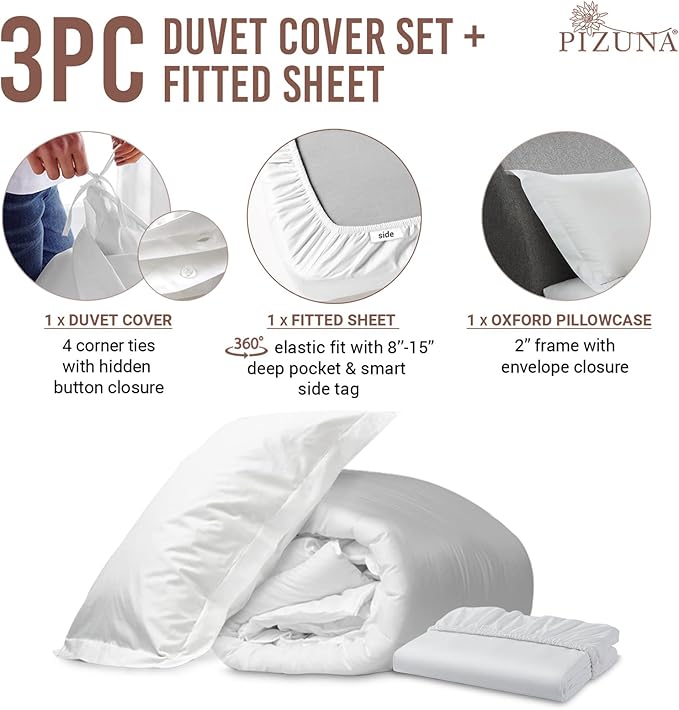 Pizuna 100% Cotton Twin 2 Pc Duvet Cover + 1 Pc Fitted Sheet Set 400 Thread Count White Sateen Weave Luxurious Long Staple Cotton 4 Piece Bedding Set - 1 Duvet Cover, 1 Pillow Sham, 1 Fitted Sheet