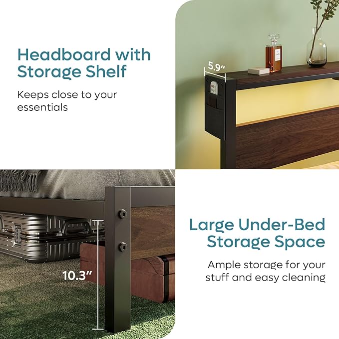Bestier Full Bed Frame with Headboard Storage and Charging Station, Walnut Platform Bed Frame with LED Light, Non-Slip Metal Bed Frame Full Size, Noise-Free, Easy Assembly, Walnut