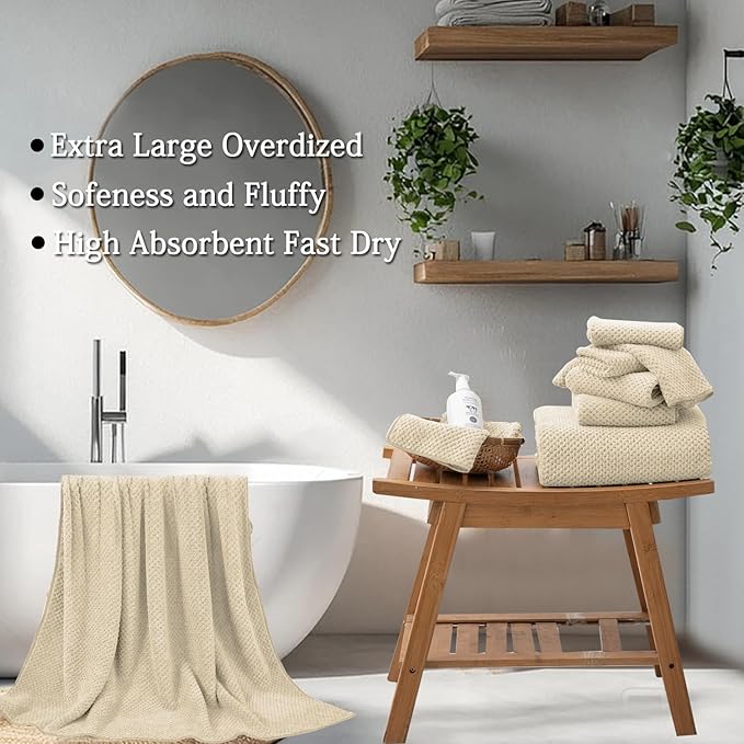 8-Piece Beige Bath Towels Set,2 Oversized Large Bath Towels Sheet,2 Hand Towels and 4 Washcloths - 600 GSM Soft Luxury Towel Set,Highly Absorbent Quick Dry Towel Collection for Bathroom,Hotel and Spa