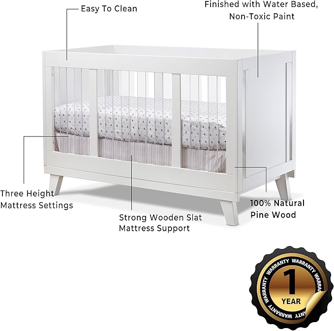 Sorelle Furniture Uptown Panel Crib, Modern Wood and Clear Acrylic Baby Crib, Made of Wood and Easy to Clean Acrylic, Non-Toxic Finish, Contemporary Baby Bed-White