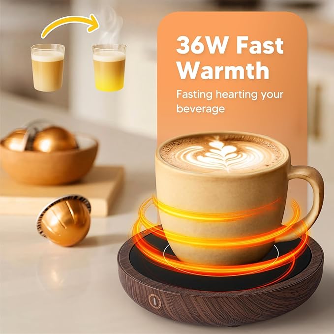 Coffee Mug Warmer, Fastest Heating Temperature, KRGMNHR Coffee Cup Warmer for Desk Auto Shut Off, 3-Temp Settings, Candle Wax Warmer Heating Plate for Coffee, Milk, Tea (Up to 180° F/80 °C), Wood