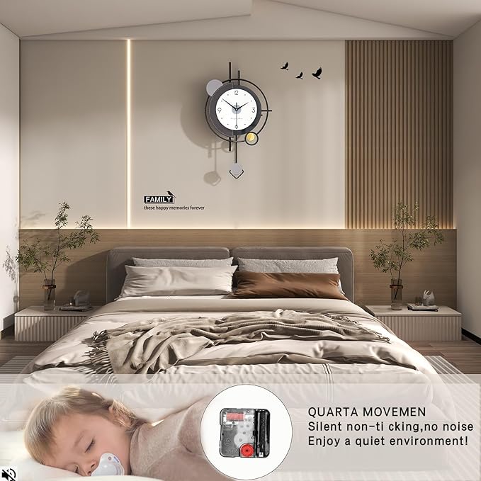 FLEBLE Modern Wall Clocks for Living Room Decor Large Pendulum Wall Clock Battery Operated Non-Ticking Silent for Kitchen,Bedroom,Office Metal Decorative Wall Clock for House Indoor 14 * 24 inch
