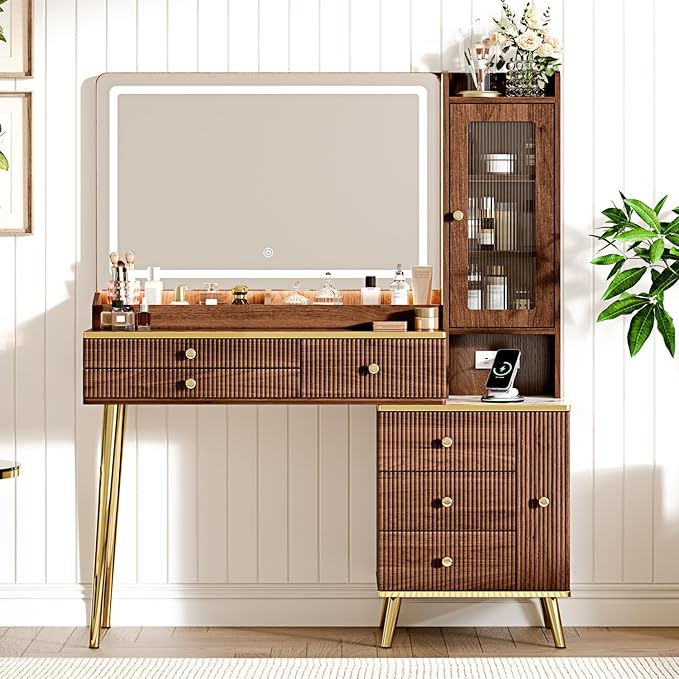 Vanity Desk with 35.12" HD Lighted Mirror, 46.85" Big Modern Vanity Desk with Mirror and Lights, Makeup Vanity with 7 Drawers and Storage Shelves and Charging Station, Walnut