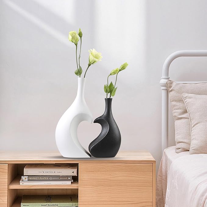 White Ceramic Vase Set of 2,Heart Shaped vase, Matte Frosted Texture Finish,Farmhouse Decor, Home Decor, Vases for Your Bedroom, Office, Living Room, Bathroom (White)