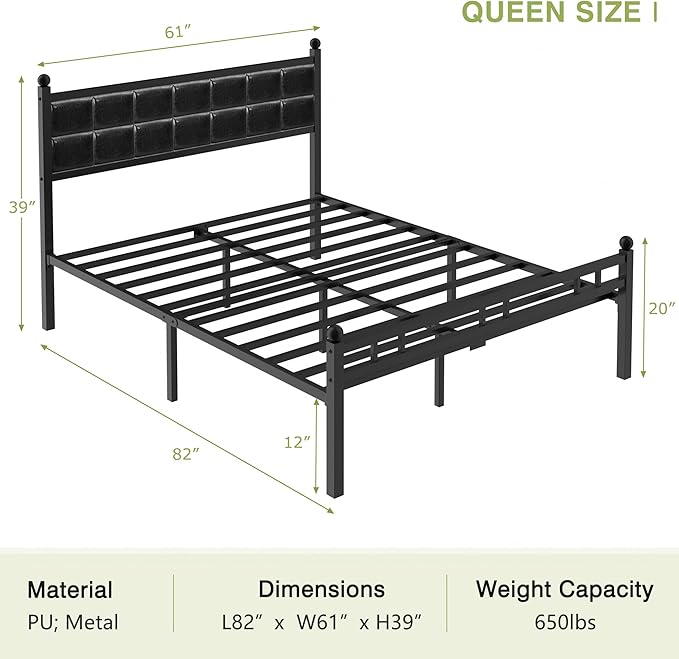 VECELO Queen Bed Frame, Faux PU Leather Platform Beds with Upholstered Headboard and Footboard, Strong Metal Slats Support, Noise-Free, No Boxing Spring Needed, PU Black