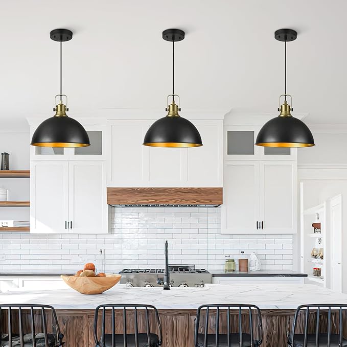 12 Inch Black Farmhouse Pendant Lights for Kitchen Island Industrial Haning Lamp Adjustable Height Vintage Dome Hanging Light Fixtures for Barn, Dining Room