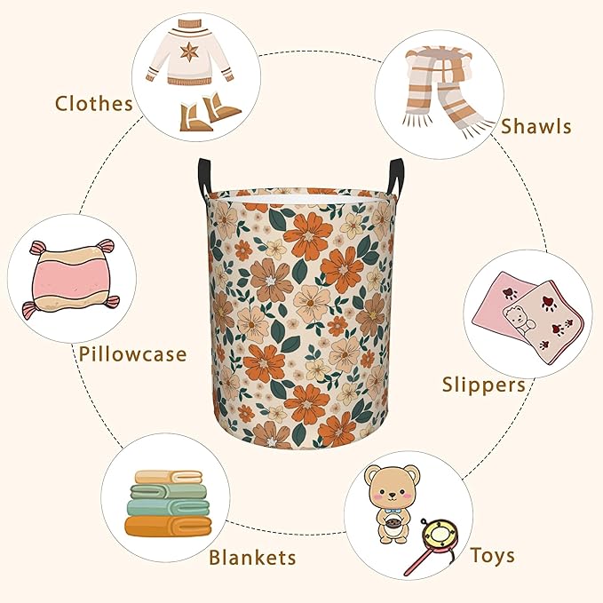 Laundry Hamper,70s Retro Floral Flowers Laundry Basket,Waterproof Foldable Storage Bin for Bedroom,Clothes Organizer Basket,Toys Box 16x20 Inch
