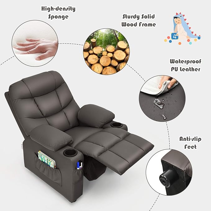 GLACER Kids Recliner Chair w/Cup Holder & Side Pockets, Children Recliner w/Comfortable Backrest, Armrests & Footrest, Toddler PU Leather Recliner for Boys Girls, 3+ Age Group (Brown)